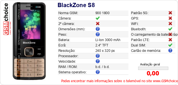 BlackZone S8 Especificações técnicas do telemóvel BlackZone S8 Especificações técnicas do telemóvel