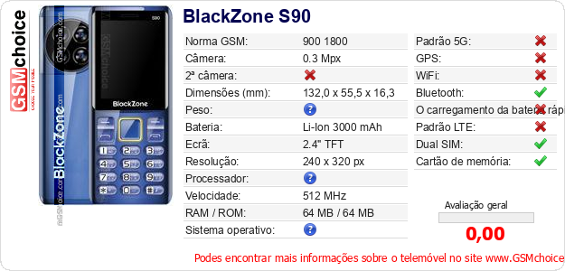 BlackZone S90 Especificações técnicas do telemóvel BlackZone S90 Especificações técnicas do telemóvel
