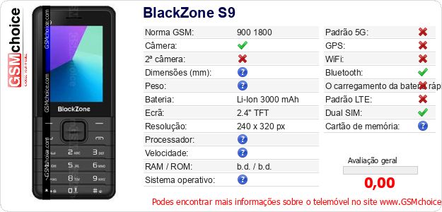 BlackZone S9 Especificações técnicas do telemóvel BlackZone S9 Especificações técnicas do telemóvel