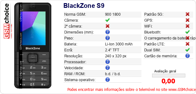 BlackZone S9 Especificações técnicas do telemóvel BlackZone S9 Especificações técnicas do telemóvel