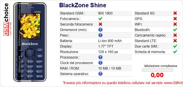 BlackZone Shine Dati tecnici di telefono cellulare 