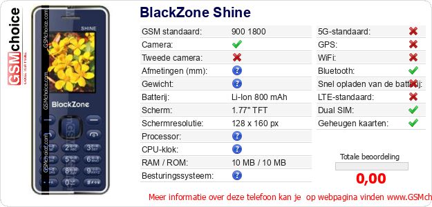 BlackZone Shine Technische gegevens 