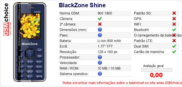 BlackZone Shine Especificações técnicas do telemóvel 