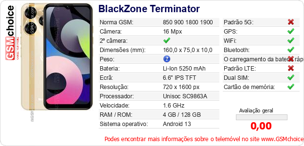 BlackZone Terminator Especificações técnicas do telemóvel 