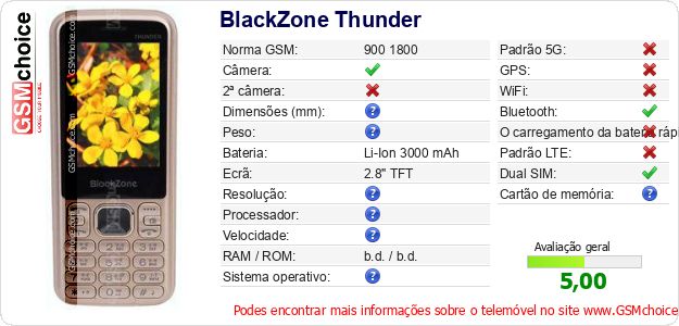 BlackZone Thunder Especificações técnicas do telemóvel BlackZone Thunder Especificações técnicas do telemóvel