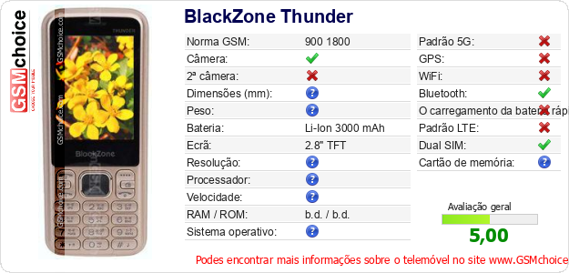 BlackZone Thunder Especificações técnicas do telemóvel 