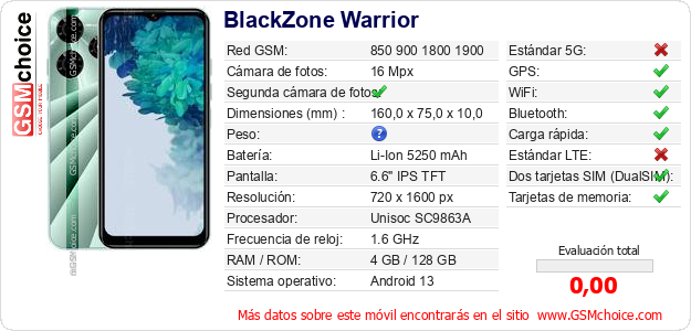 BlackZone Warrior Datos técnicos del móvil 
