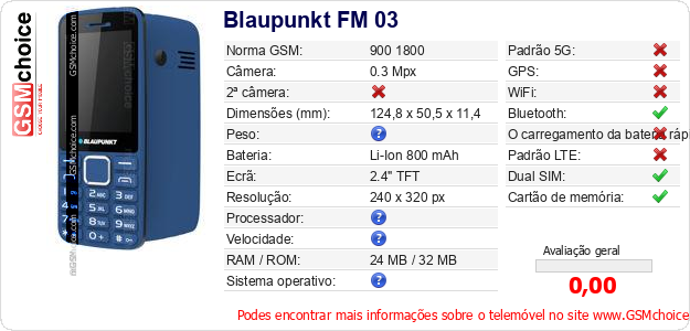 Blaupunkt FM 03 Especificações técnicas do telemóvel 