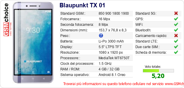 Blaupunkt TX 01 Dati tecnici di telefono cellulare 