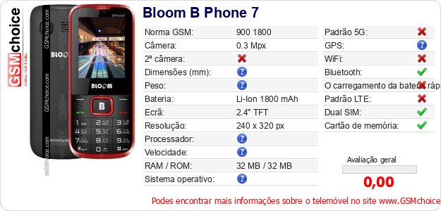Bloom B Phone 7 Especificações técnicas do telemóvel Bloom B Phone 7 Especificações técnicas do telemóvel