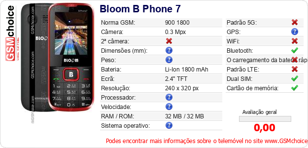 Bloom B Phone 7 Especificações técnicas do telemóvel Bloom B Phone 7 Especificações técnicas do telemóvel