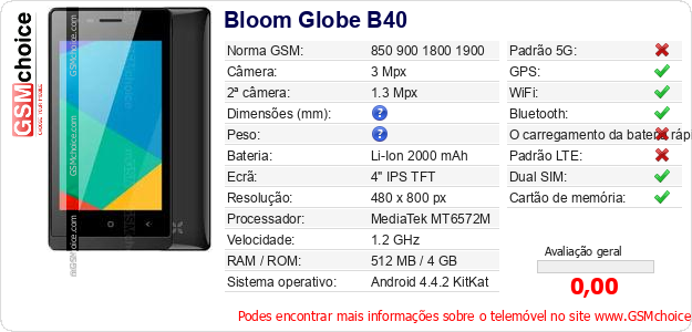 Bloom Globe B40 Especificações técnicas do telemóvel Bloom Globe B40 Especificações técnicas do telemóvel