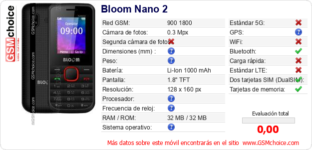 Bloom Nano 2 Datos técnicos del móvil Bloom Nano 2 Datos técnicos del móvil