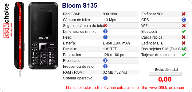 Bloom S135 Datos técnicos del móvil Bloom S135 Datos técnicos del móvil