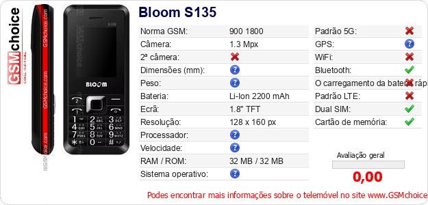 Bloom S135 Especificações técnicas do telemóvel Bloom S135 Especificações técnicas do telemóvel