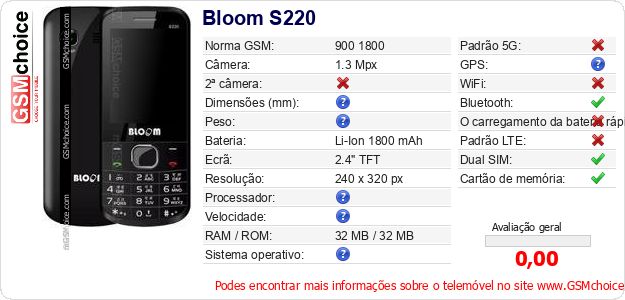Bloom S220 Especificações técnicas do telemóvel Bloom S220 Especificações técnicas do telemóvel