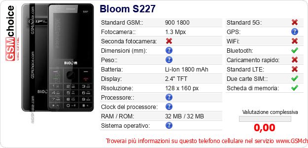 Bloom S227 Dati tecnici di telefono cellulare 