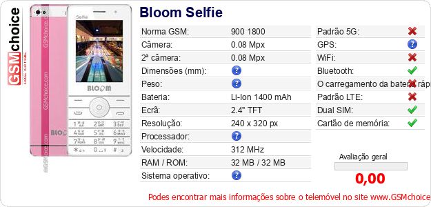 Bloom Selfie Especificações técnicas do telemóvel Bloom Selfie Especificações técnicas do telemóvel