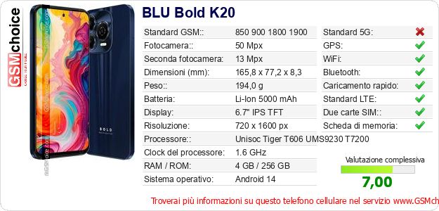 BLU Bold K20 Dati tecnici di telefono cellulare 