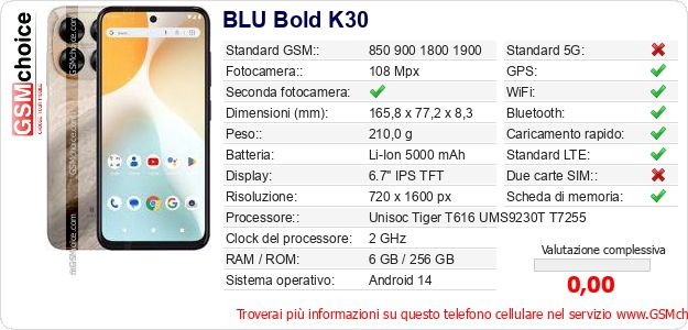 BLU Bold K30 Dati tecnici di telefono cellulare 