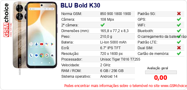 BLU Bold K30 Especificações técnicas do telemóvel 