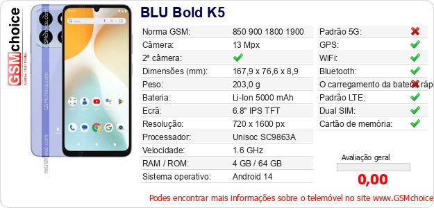 BLU Bold K5 Especificações técnicas do telemóvel BLU Bold K5 Especificações técnicas do telemóvel