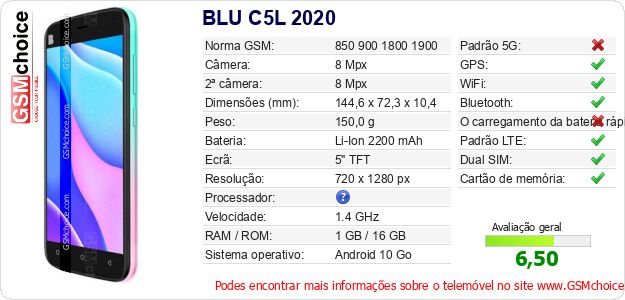 BLU C5L 2020 Especificações técnicas do telemóvel BLU C5L 2020 Especificações técnicas do telemóvel