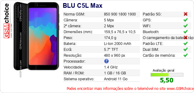 BLU C5L Max Especificações técnicas do telemóvel 