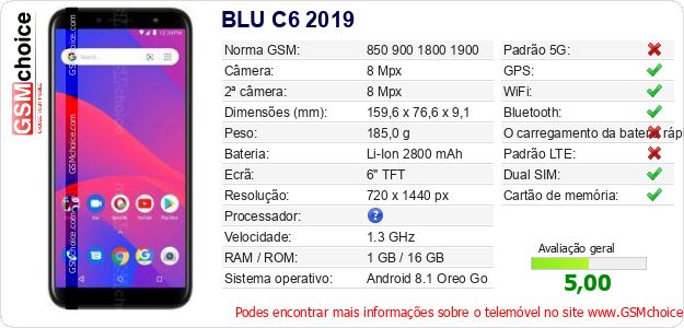 BLU C6 2019 Especificações técnicas do telemóvel BLU C6 2019 Especificações técnicas do telemóvel
