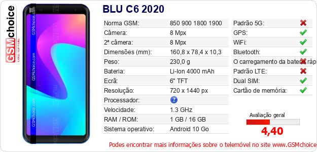 BLU C6 2020 Especificações técnicas do telemóvel BLU C6 2020 Especificações técnicas do telemóvel