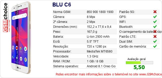 BLU C6 Especificações técnicas do telemóvel 