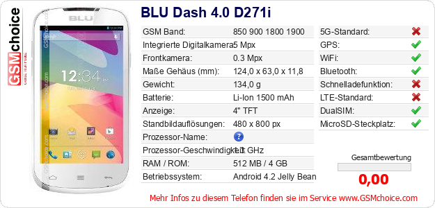 BLU Dash 4.0 D271i technische Daten BLU Dash 4.0 D271i technische Daten