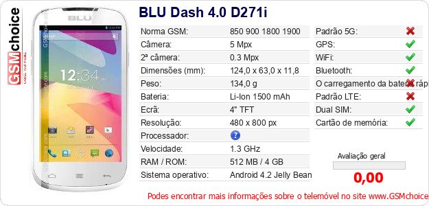 BLU Dash 4.0 D271i Especificações técnicas do telemóvel BLU Dash 4.0 D271i Especificações técnicas do telemóvel