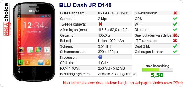 BLU Dash JR D140 Technische gegevens 