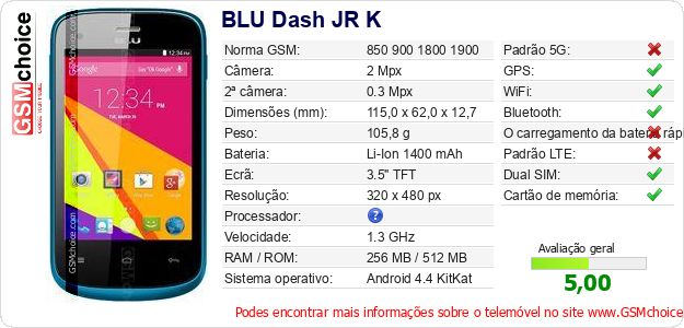 BLU Dash JR K Especificações técnicas do telemóvel BLU Dash JR K Especificações técnicas do telemóvel