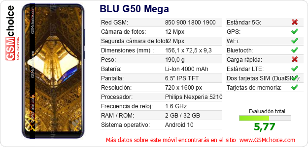 BLU G50 Mega Datos técnicos del móvil BLU G50 Mega Datos técnicos del móvil