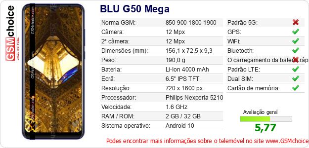 BLU G50 Mega Especificações técnicas do telemóvel BLU G50 Mega Especificações técnicas do telemóvel