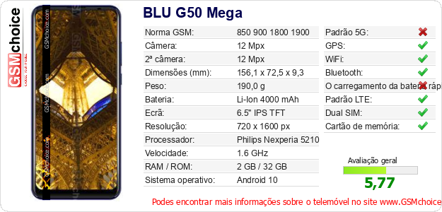 BLU G50 Mega Especificações técnicas do telemóvel BLU G50 Mega Especificações técnicas do telemóvel