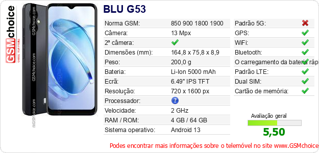 BLU G53 Especificações técnicas do telemóvel 