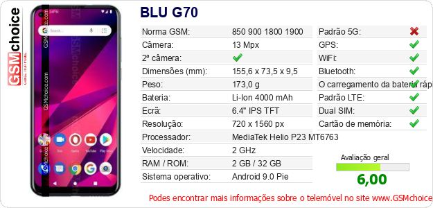 BLU G70 Especificações técnicas do telemóvel BLU G70 Especificações técnicas do telemóvel