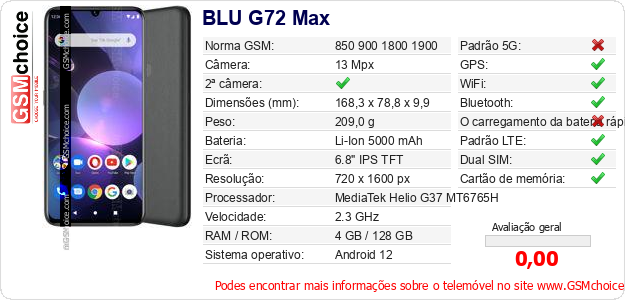 BLU G72 Max Especificações técnicas do telemóvel BLU G72 Max Especificações técnicas do telemóvel