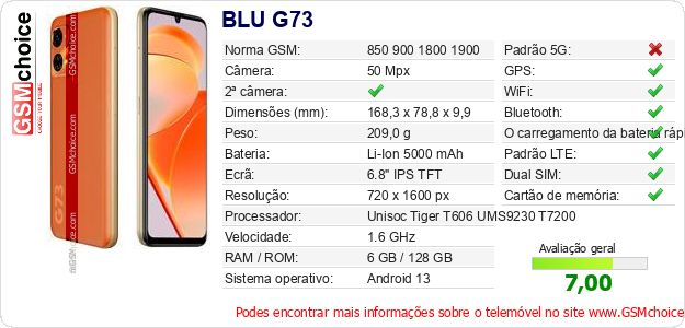 BLU G73 Especificações técnicas do telemóvel BLU G73 Especificações técnicas do telemóvel