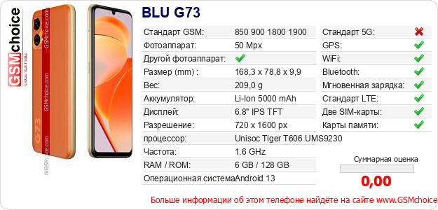 BLU G73 Технические данные телефона BLU G73 Технические данные телефона
