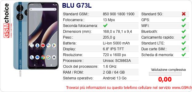 BLU G73L Dati tecnici di telefono cellulare BLU G73L Dati tecnici di telefono cellulare