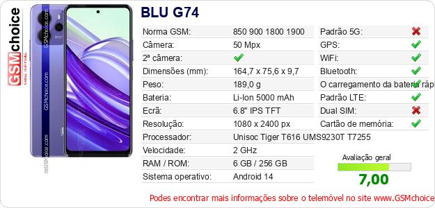 BLU G74 Especificações técnicas do telemóvel BLU G74 Especificações técnicas do telemóvel