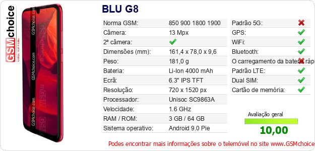 BLU G8 Especificações técnicas do telemóvel BLU G8 Especificações técnicas do telemóvel