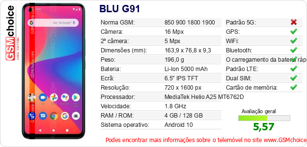 BLU G91 Especificações técnicas do telemóvel 