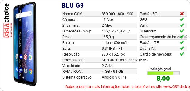 BLU G9 Especificações técnicas do telemóvel BLU G9 Especificações técnicas do telemóvel