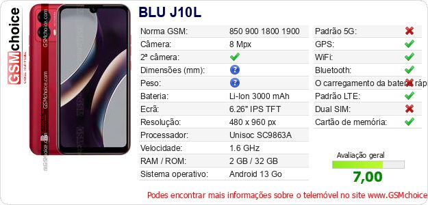 BLU J10L Especificações técnicas do telemóvel 
