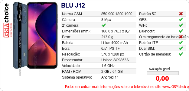BLU J12 Especificações técnicas do telemóvel 